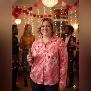 Susan Graver Love is in the Air Pink & Hearts Button Down Blouse Size 1X EUC